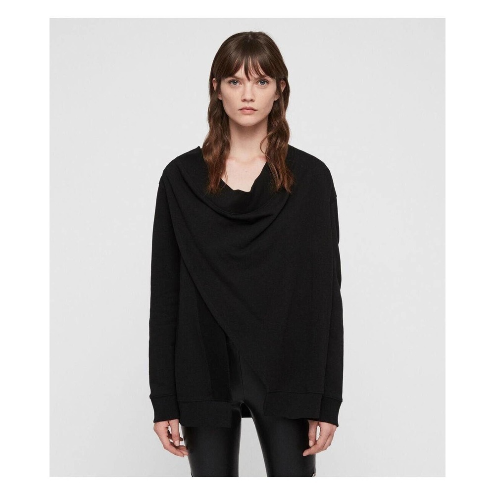 Allsaints Womens black Drina Asymmetrical Drape merino wool knit Jacket sz Small
